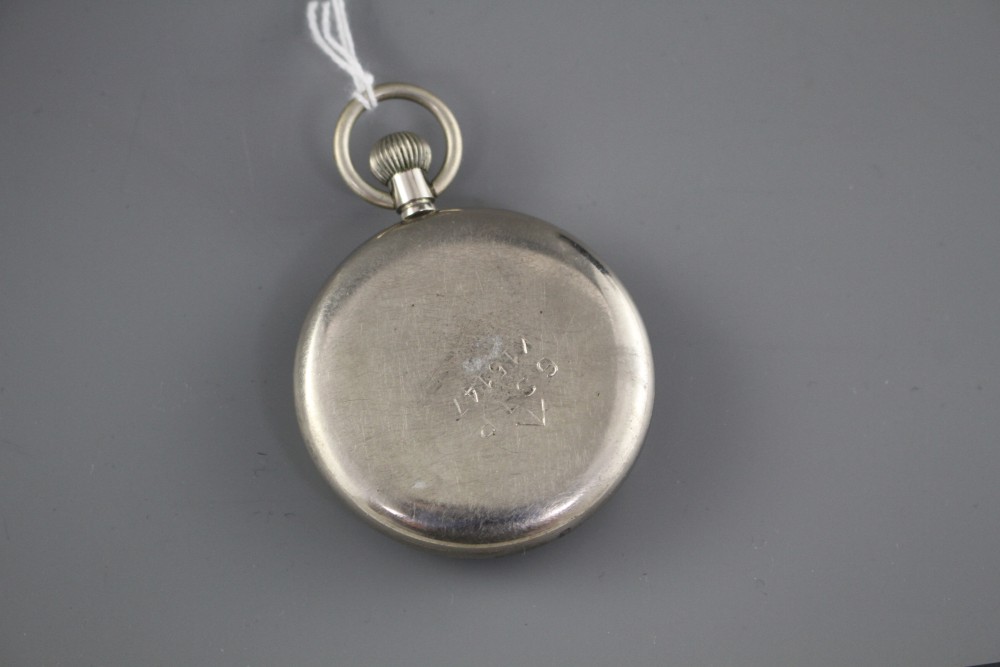 A 20th century nickel or chrome cased military issue pocket watch, with Arabic dial and subsidiary seconds.